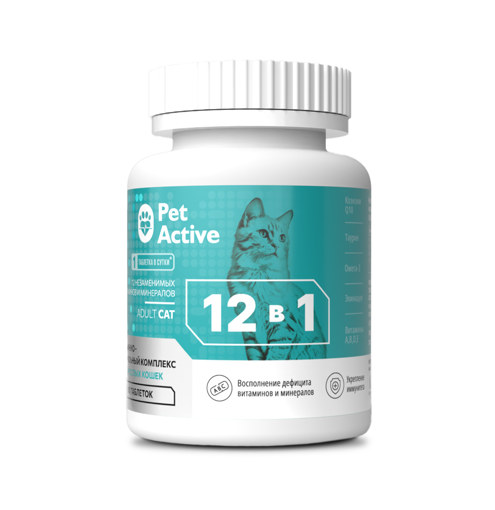 PETACTIVE Витаминно-минеральный комплекс 12 в 1 для взрослых кошек (100 таблеток)