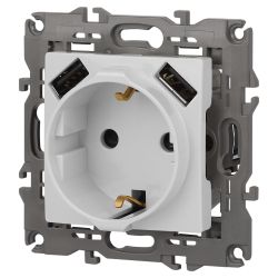 Розетка ЭРА Elegance 14-4109-01 2P+E 16A-250В со шторками с 2xUSB 5В-3А белый