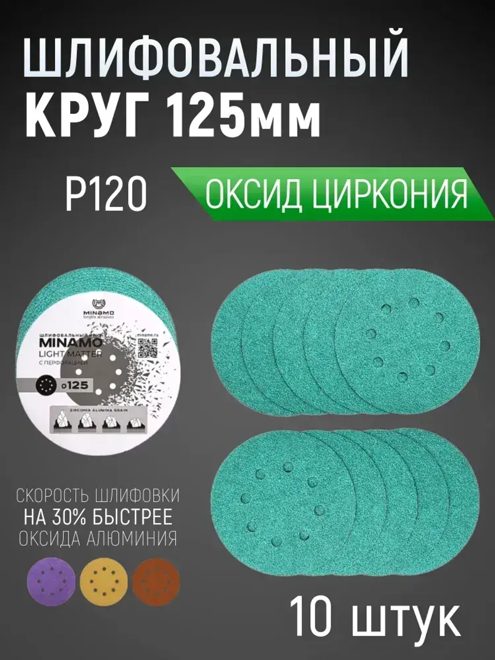 125мм P120 10шт. Шлифовальный абразивный круг для шлифовки под липучку Minamo Light Matter 125мм FB