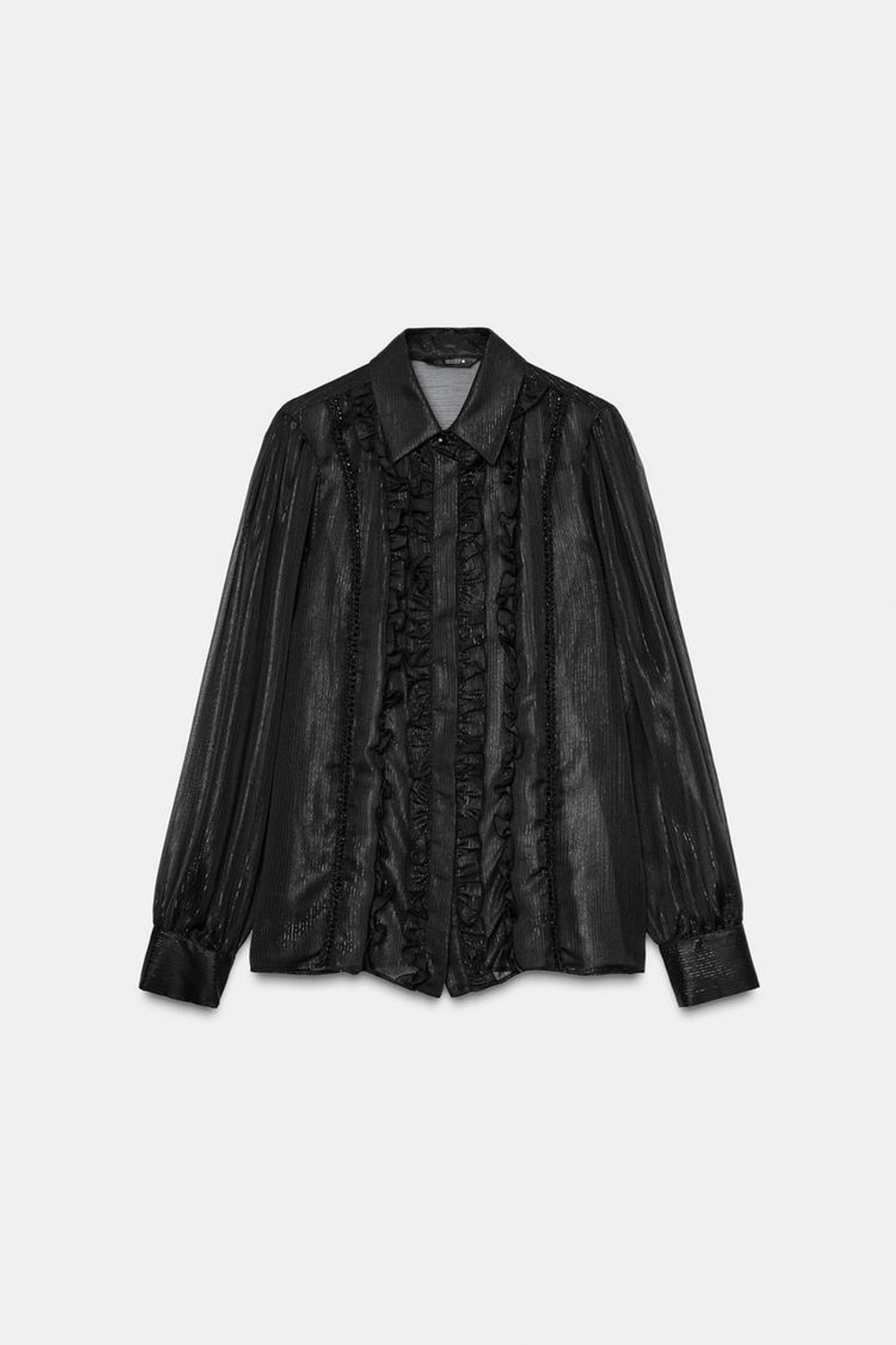 ZARA РУБАШКА ИЗ ПОЛУПРОЗРАЧНОЙ ТКАНИ С ВОЛАНАМИ И БУСИНАМИ, ЧЕРНЫЙ