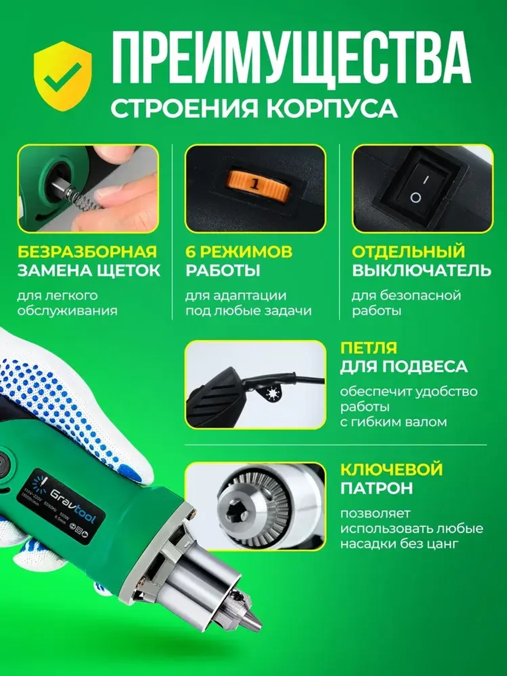 Гравер электрический мощный 500 ВТ, 35000 об/мин, с ключевым патроном 0.5-6 мм / Бор машинка электрическая / Мини дрель