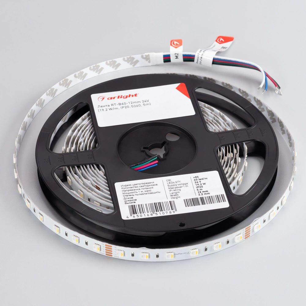 Светодиодная лента RT-B60-12mm 24V RGBW-Day-4-in-1 (19.2 W/m, IP20, 5060, 5m) (Arlight, Открытый) 019151(2)