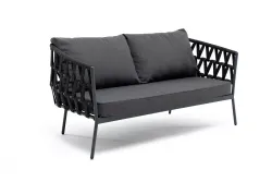 "Диего" диван 2-местный плетеный из роупа, каркас алюминий темно-серый (RAL7024) муар, роуп темно-серый круглый, ткань темно-серая 027