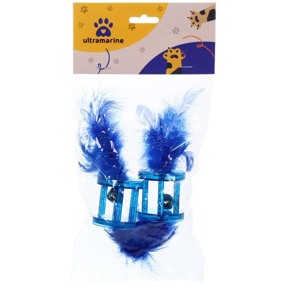 Игрушка для кошек с бубенчиком в наборе 2шт «ИГРУЛИК», с перышками, цвет синий, 4см