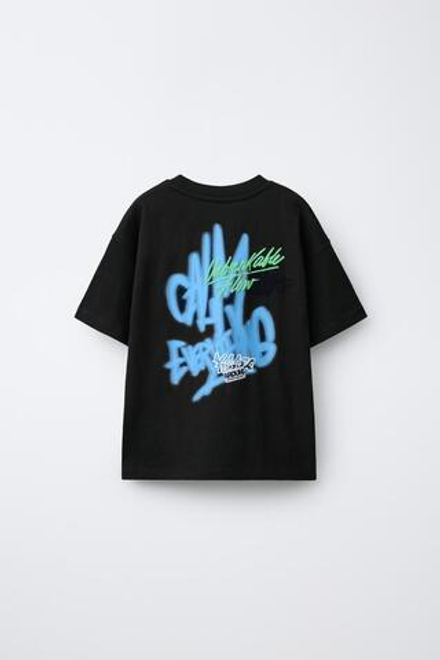 ZARA ФУТБОЛКА С ПРИНТОМ, ЧЕРНЫЙ