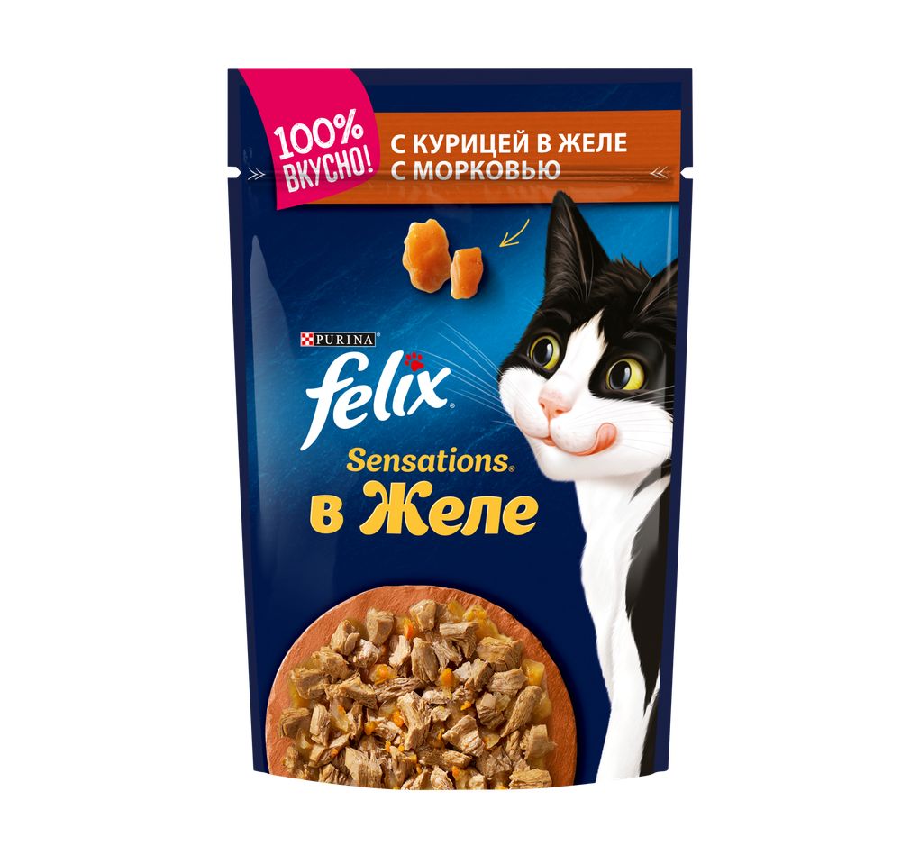 Влажный корм для кошек Felix Sensations в желе с курицей и морковью 75 г