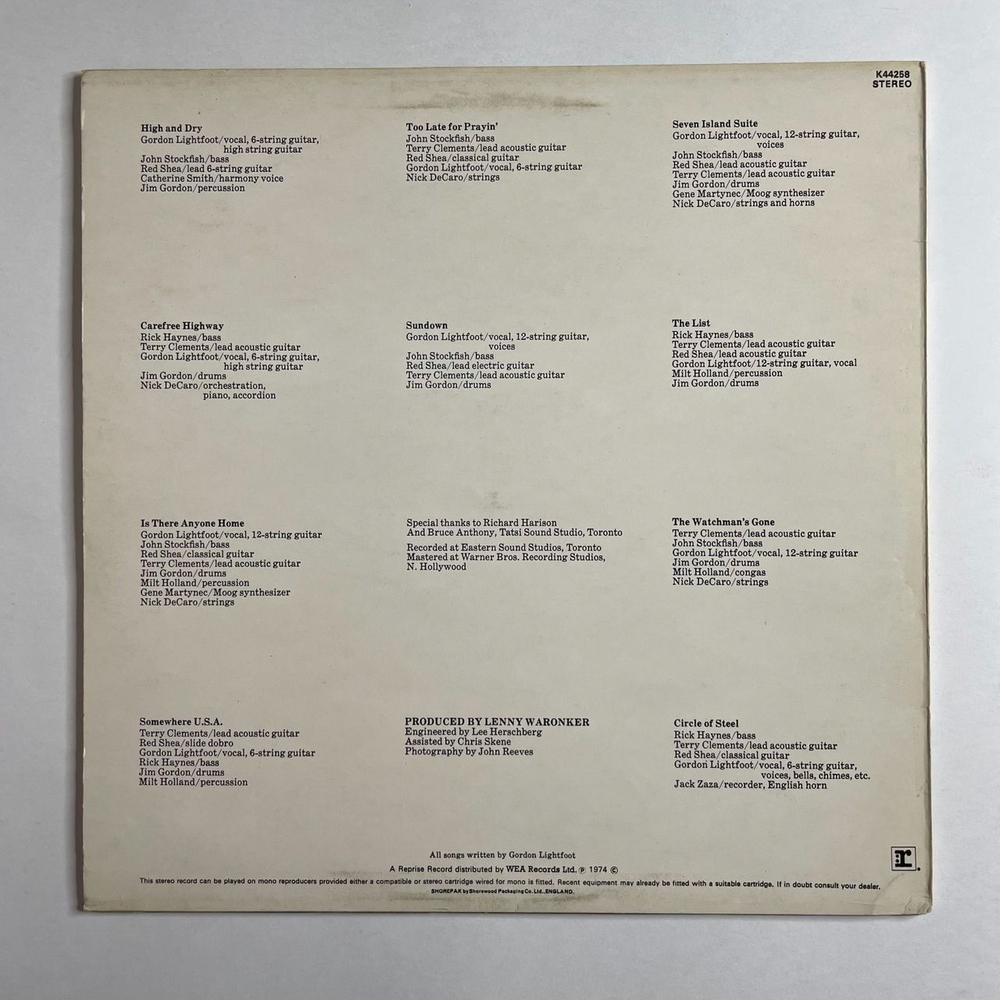 Винтажная виниловая пластинка LP Gordon Lightfoot Sundown (UK 1974)