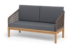 "Канны" диван 2-местный плетеный из роупа, основание дуб, роуп коричневый круглый, ткань темно-серая 027