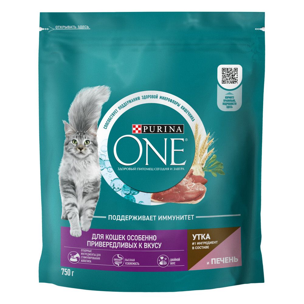 Сухой корм Purina ONE для кошек привередливых к вкусу с уткой и печенью 750 г