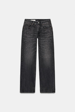ZARA ДЖИНСЫ TRF STRAIGHT СО СТРАЗАМИ И НИЗКОЙ ПОСАДКОЙ, ЧЕРНЫЙ