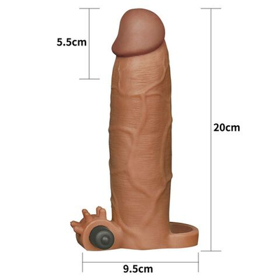 Коричневая насадка на пенис Add 3 Pleasure X Tender Vibrating Penis Sleeve с вибропулей - 20 см. (Цвет: коричневый)