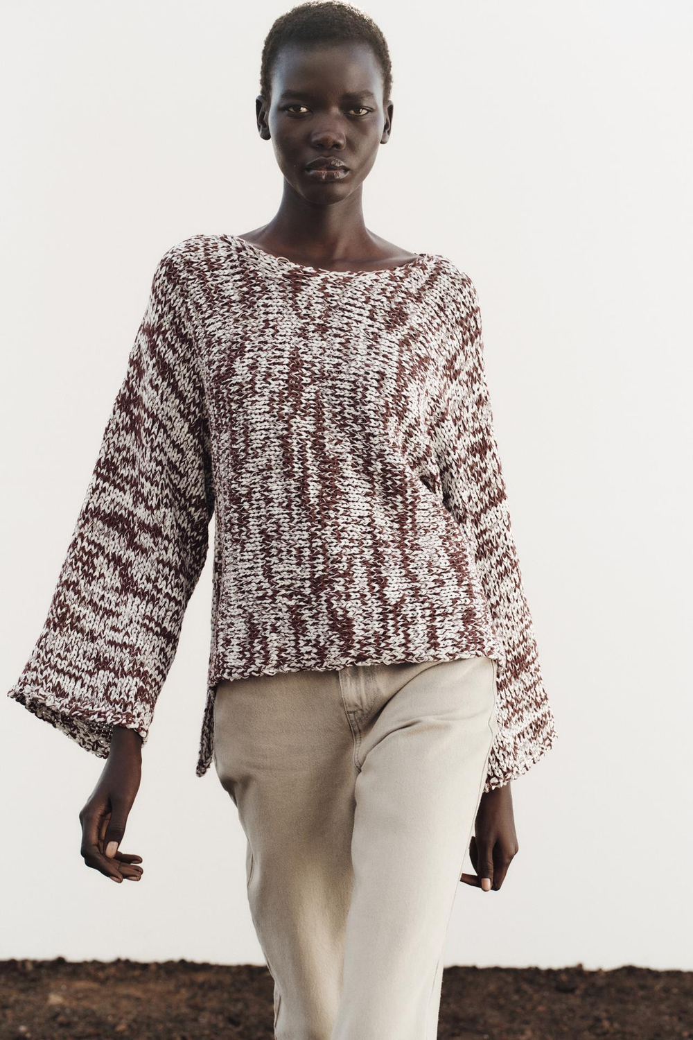 ZARA КОМБИНИРОВАННЫЙ СВИТЕР, КОРИЧНЕВЫЙ/БЕЛЫЙ