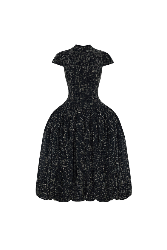 Платье миди из сетки с кристаллами и объемной юбкой