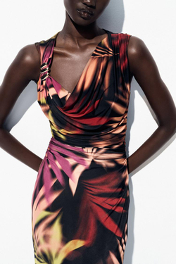 ZARA ПЛАТЬЕ МИДИ С ПРИНТОМ И АППЛИКАЦИЕЙ, РАЗНОЦВЕТНЫЙ