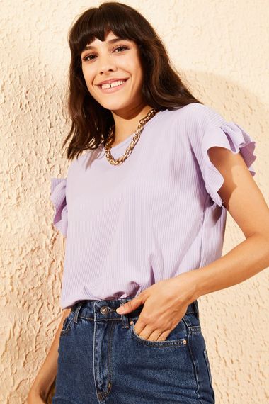 Qadın üçün qolu fırfırlı köynək açıq bənövşəyi 10051015