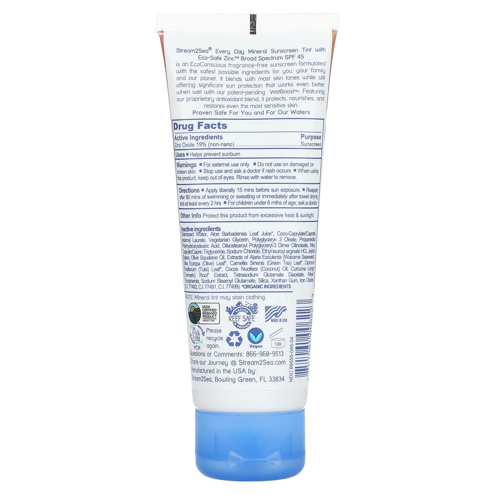 Stream2Sea, Ежедневный минеральный солнцезащитный тоник, SPF 45, нейтральный, 75 мл (2,5 жидк. унц.)