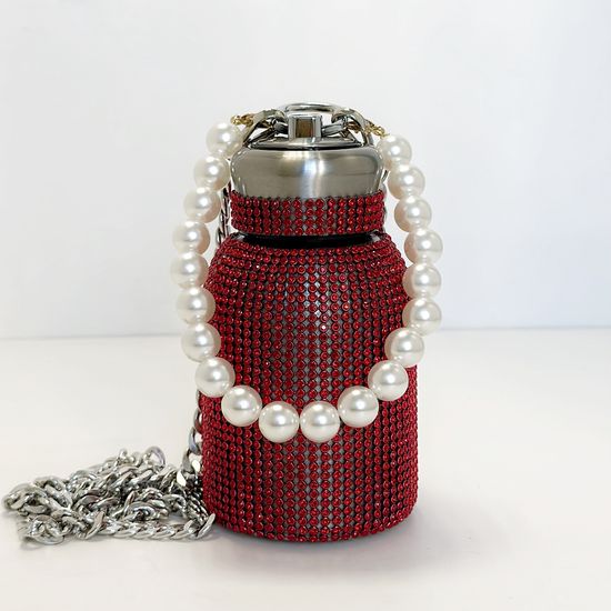 Термос-бутылка со стразами и жемчугом, цвет красный, 300 мл