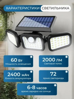 Уличный светодиодный светильник с датчиком движения на солнечной батарее