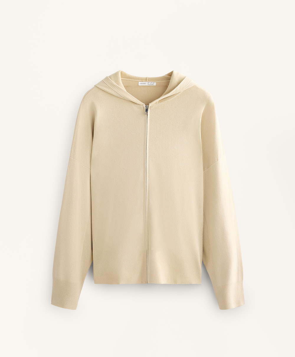 Oysho Длинная вязаная куртка с капюшоном, бежевый