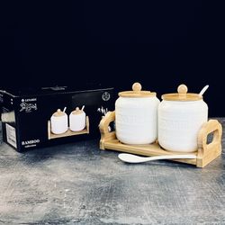 Lenardi 140-120 Набор из 2 банок 350мл для специй с ложками на подставке BAMBOO в под.уп.(х24)Фарфор