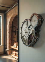 Настенные часы WOODandROOT Automaton 1789 Hermitage в интерьере лофт с утренним светом и промышленной атмосферой