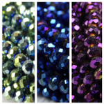 Хрустальные бусины "рондель", комплект из трех цветов: зеленый металлик, синий металлик, фиолетовый металлик, размер: 4х6 мм, общее количество: 170-180 бусин.