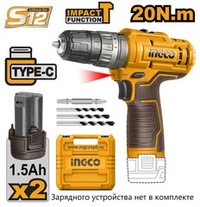 Аккумуляторная ударный шуруповерт 12B 20Нм 18+1+1, USB type-C SUPER INGCO CIDLI12202