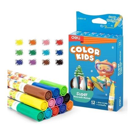 Фломастеры 12 цветов Deli EC155-12, смываемые, карт. коробка