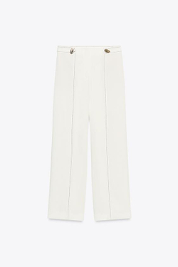 ZARA БРЮКИ СО ШЛЕВКАМИ И КОНТРАСТНОЙ СТРОЧКОЙ, ЖЕЛТОВАТО-БЕЛЫЙ