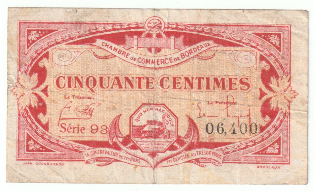 France, 50 Centimes - Bordeaux, 1920 – Regionalism & Emergency Issue, VF