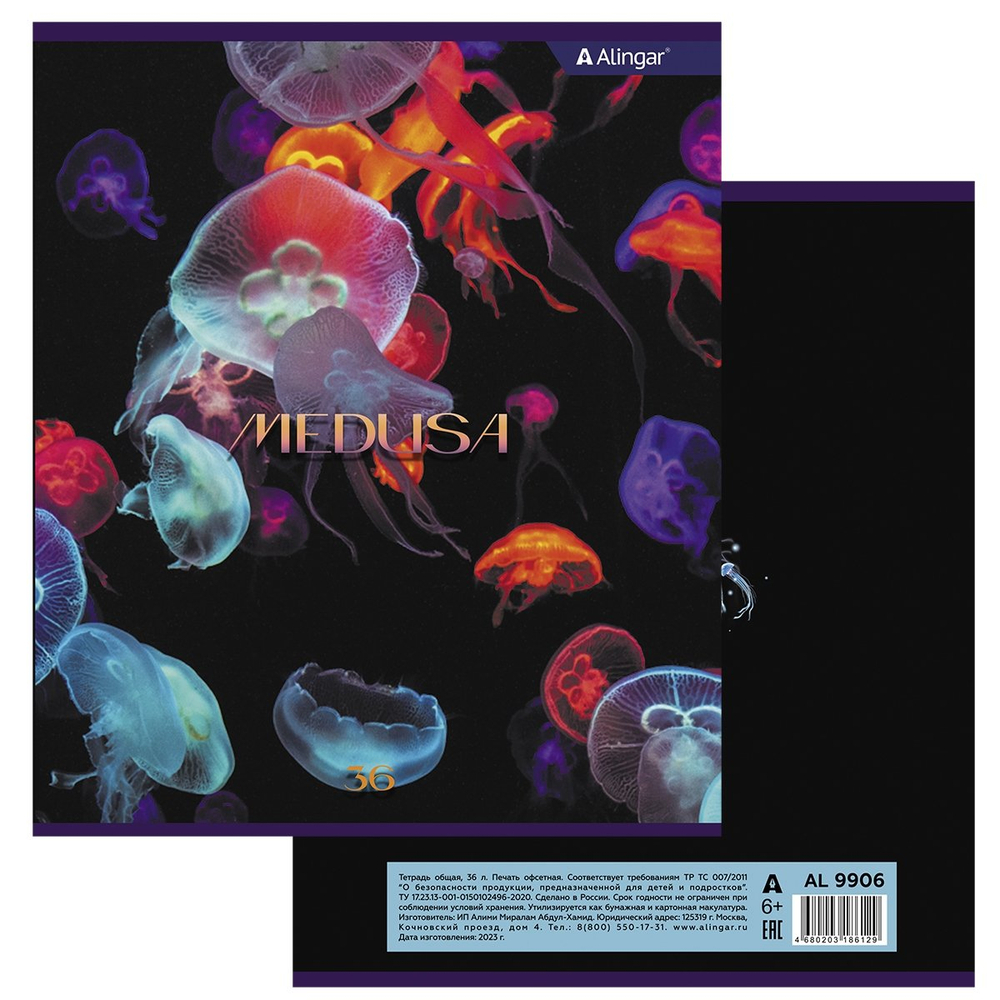 Тетрадь 36 л., А5, клетка, Alingar "Медузы", скрепка, второй блок, мелованный картон (стандарт), 4 дизайна в пленке т/у