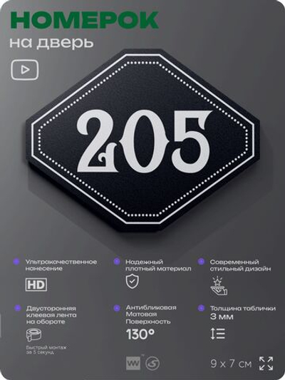 Номерок на дверь квартиры 205, для кабинета, офиса, шильдик 9 х 7 см, черный, Айдентика Технолоджи