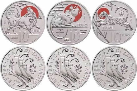 Сан-Марино 10 евро, 2022 Китайский гороскоп - набор 3 монеты