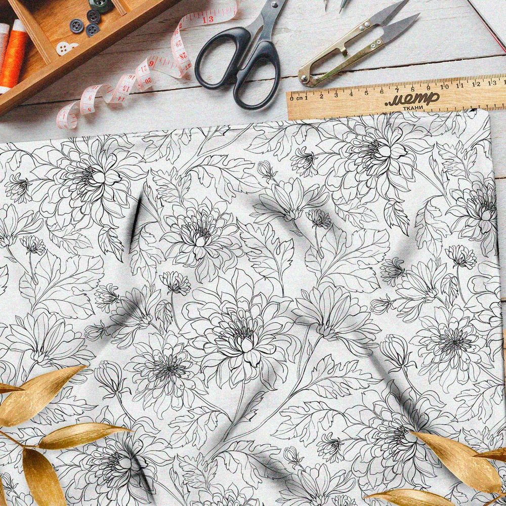 Ткань блэкаут нарисованные георгины на белом фоне