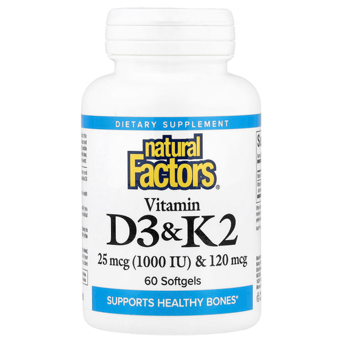 Natural Factors, витамины D3 и K2, 25 мкг (1000 МЕ) и 120 мкг, 60 капсул
