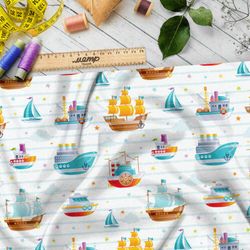 Ткань шифон детские кораблики на белом фоне