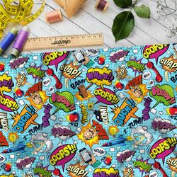 Ткань габардин небольшие звуки из комиксов на голубом фоне