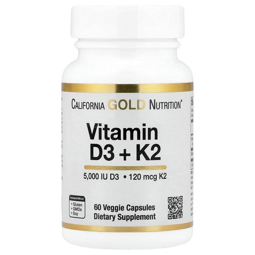 California Gold Nutrition, витамины D3 и K2 в форме MK-7, 60 растительных капсул