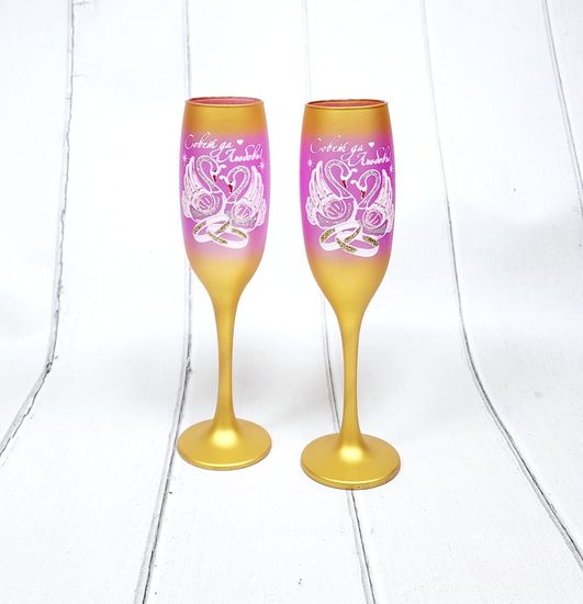 Свадебные бокалы , золото с розовым, Совет да любовь, матовые