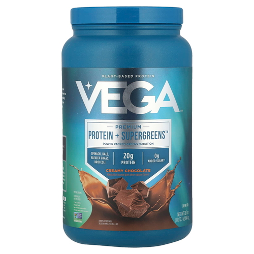 Vega, Растительный протеин, протеин премиального качества + Supergreens ™, сливочный шоколад, 814 г (1 фунт 12,7 унции)