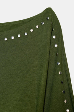 ZARA ФУТБОЛКА С ДЛИННЫМИ РУКАВАМИ И ЗАКЛЕПКАМИ, ЗЕЛЕНЫЙ МЕЛАНЖ