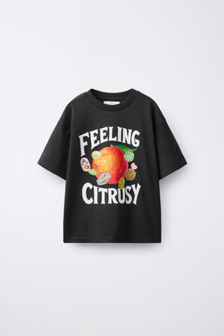 ZARA ФУТБОЛКА С ПРИНТОМ «ФРУКТЫ», АНТРАЦИТОВО-СЕРЫЙ