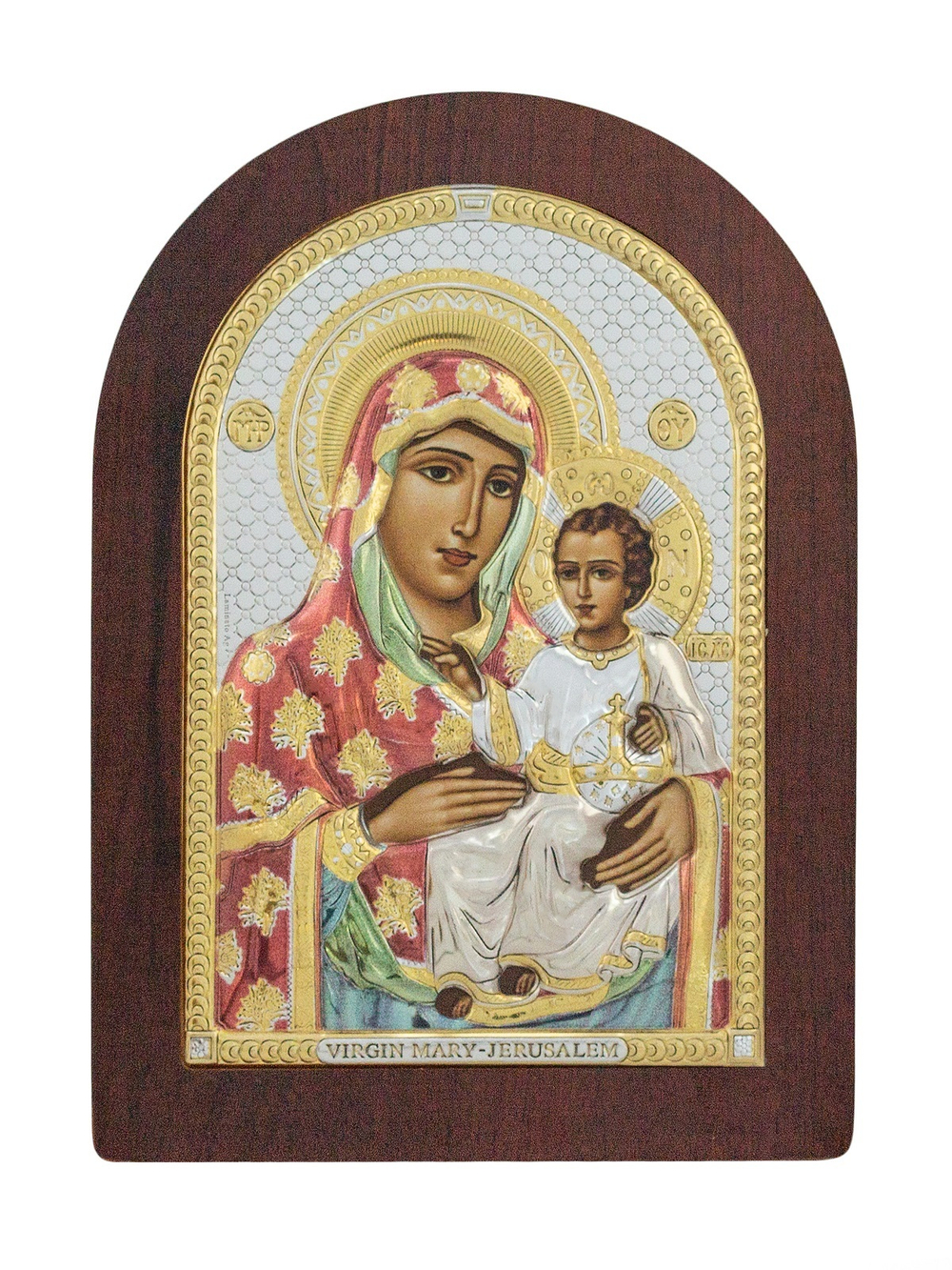 Иерусалимская БМ, икона арочная, красное дерево, эмаль 120х160