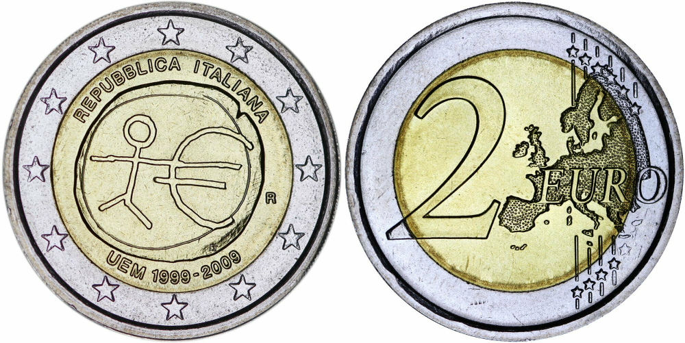 Италия 2 евро, 2009 10 лет монетарной политики ЕС (EMU) и введения евро UNC
