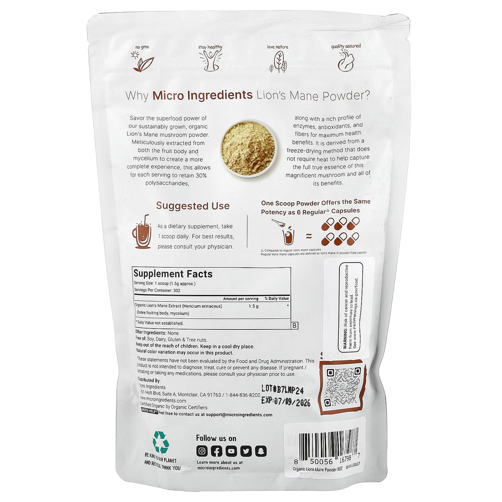 Micro Ingredients, Органический порошок из львиной гривы, 454 г (1 фунт)