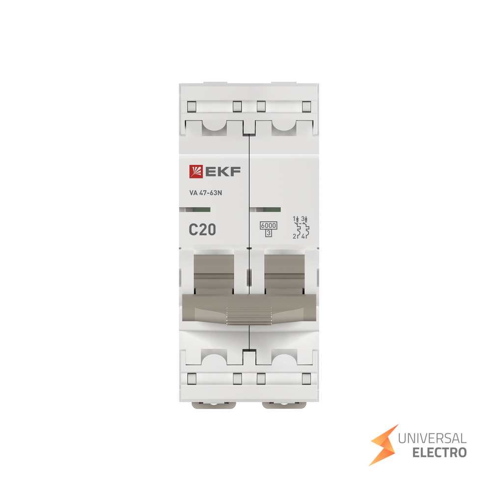 Автоматический выключатель 2P 20А (C) 6кА ВА 47-63N EKF PROxima