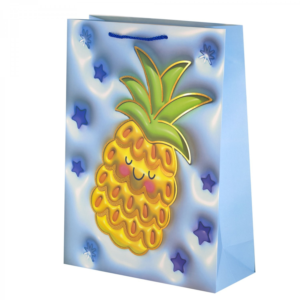 Пакет подарочный бумажный Alingar, (XL) 31х40х12 см, вертикальный, "Яркие фрукиы", матов. ламинация, тиснение голография, эффект 3D, ассорти
