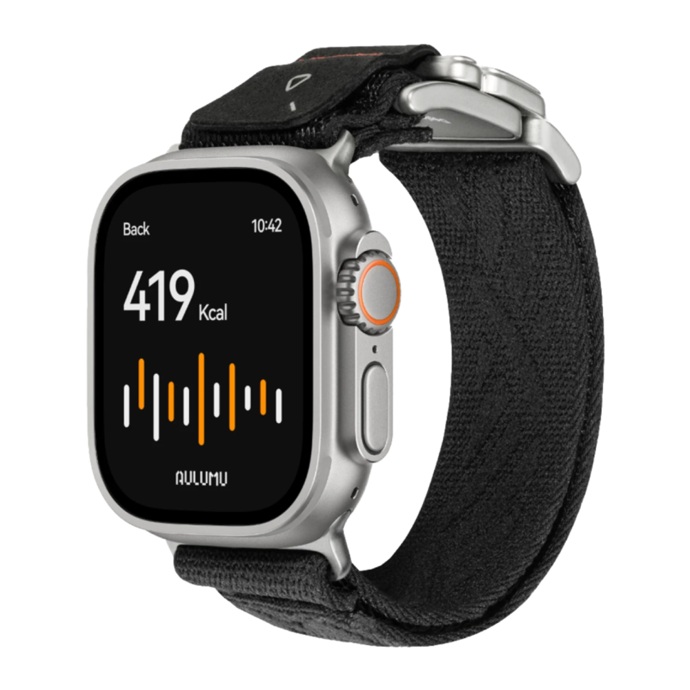 Нейлоновый браслет Aulumu C03 для Apple Watch 44, 45, 46 мм и Ultra 2–3 Браслет в футуристическом стиле с текстильной застёжкой и магнитной пряжкой из титанового сплава с алмазоподобным покрытием. На запястье обхватом 145–225 мм