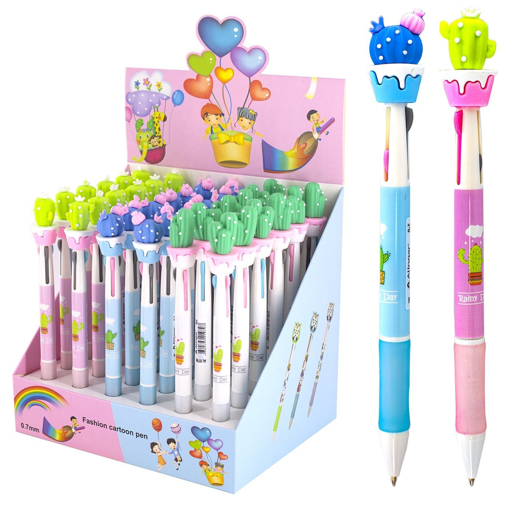 Ручка шариковая Alingar "Кактусы", 0,7 мм, 3-х цветная (син., черн., красн.), автоматическая, резиновый грип, пластиковый цветной корпус, карт. уп.