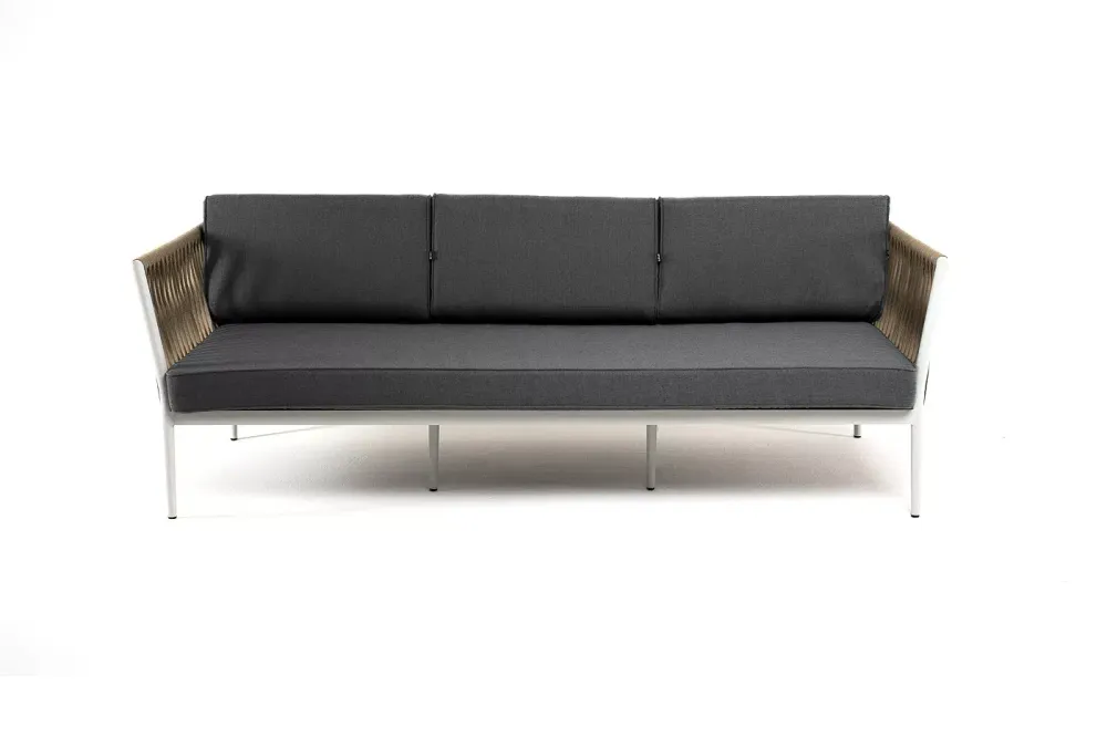 "Касабланка" диван 3-местный плетеный из роупа, каркас алюминий светло-серый (RAL7035) муар, роуп серо-коричневый 23мм, ткань серая 017